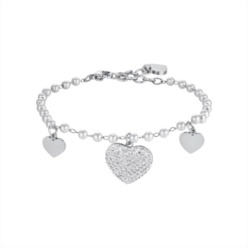 BK2438 BRACCIALE DONNA IN ACCIAIO CON PERLE BIANCHE E CUORI LUCA BARRA