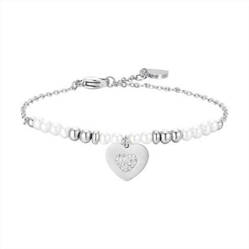 BRACCIALE DONNA IN ACCIAIO CON PERLE E CUORE LUCA BARRA