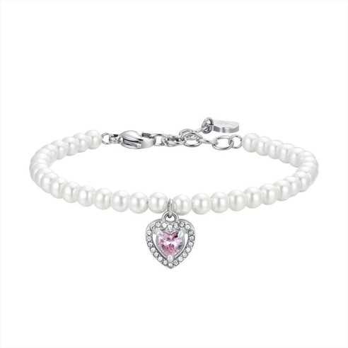 BK2664 BRACCIALE DONNA IN ACCIAIO PERLE E CUORE ZIRCONE ROSA LUCA BARRA