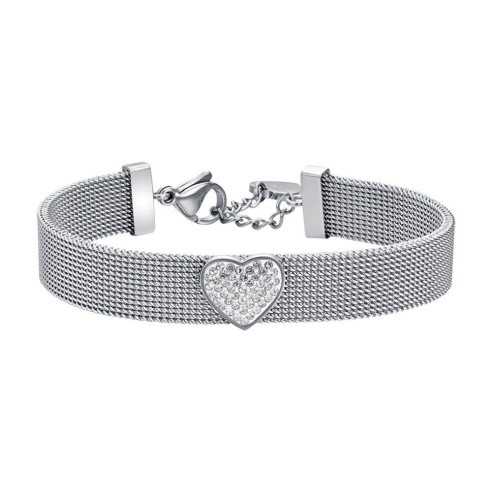 BK2522 BRACCIALE DONNA IN ACCIAIO MAGLIA MILANO CON CUORE CON CRISTALLI BIANCHI- LUCA BARRA