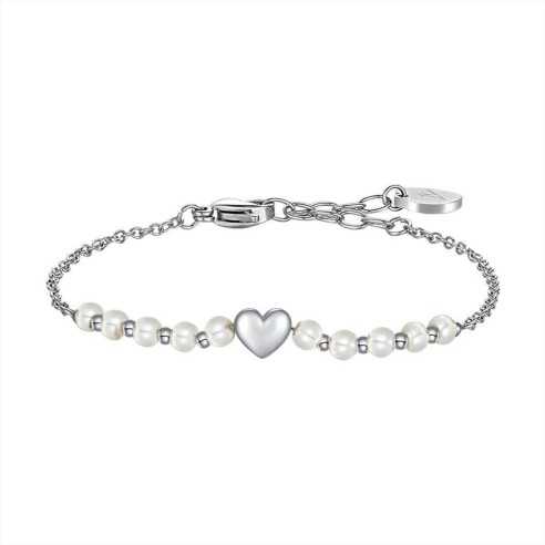 BK2745 BRACCIALE DONNA IN ACCIAIO PERLE BIANCHE E CUORE LUCA BARRA 