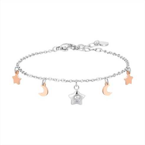 BRACCIALE DONNA IN ACCIAIO, STELLA CON ZIRCONE BIANCO, LUNE E STELLE IP ROSE LUCA BARRA