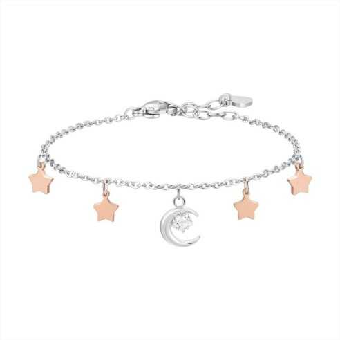 BRACCIALE DONNA IN ACCIAIO, LUNA CON ZIRCONE BIANCO E STELLE IP ROSE LUCA BARRA