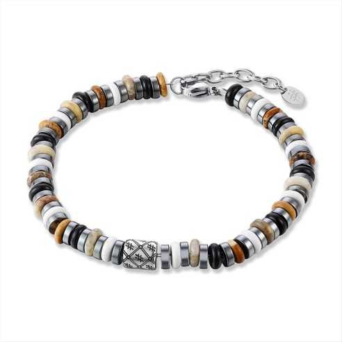 BRACCIALE UOMO CON PIETRE MARRONI E BEIGE ED EMATITE BRAND