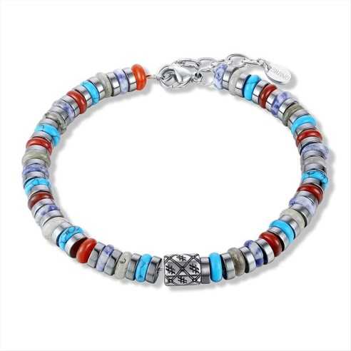 BRACCIALE UOMO CON PIETRE AZZURRE ROSSE GRIGIE ED EMATITE BRAND