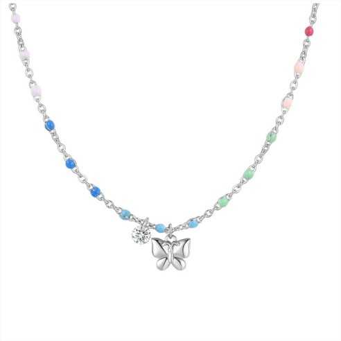 COLLANA DONNA IN ACCIAIO CON FARFALLA,CRISTALLO E PIETRE MULTICOLOR LUCA BARRA