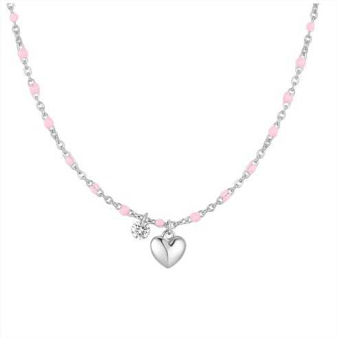 COLLANA DONNA IN ACCIAIO CON CUORE, CRISTALLO E PIETRE CON SMALTO ROSA LUCA BARRA