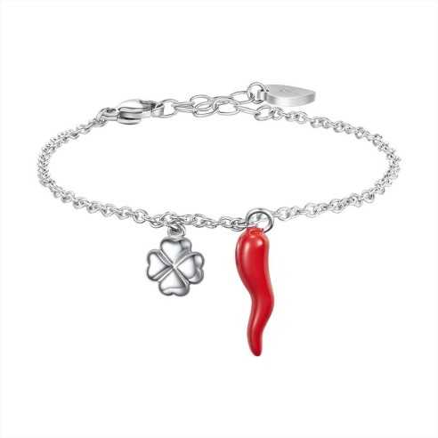 BRACCIALE IN ACCIAIO CON CORNO ROSSO E QUADRIFOGLIO LUCA BARRA