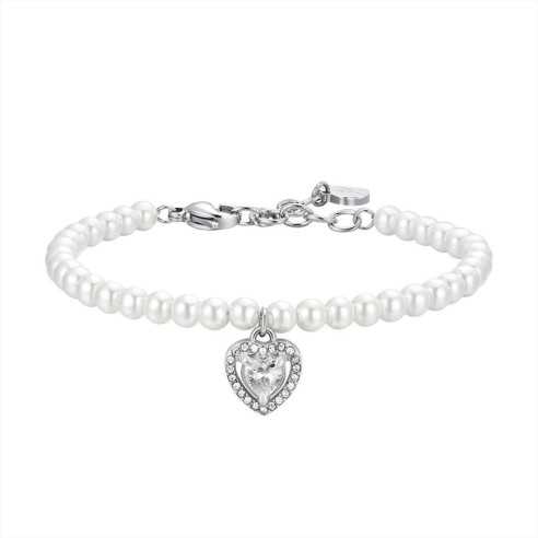 BK2663 BRACCIALE DONNA IN ACCIAIO PERLE E CUORE ZIRCONE BIANCO LUCA BARRA