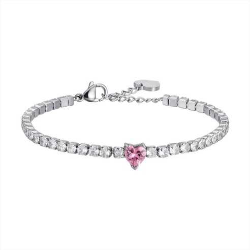 BRACCIALE TENNIS IN ACCIAIO CON CRISTALLI BIANCHI E CUORE ROSA LUCA BARRA